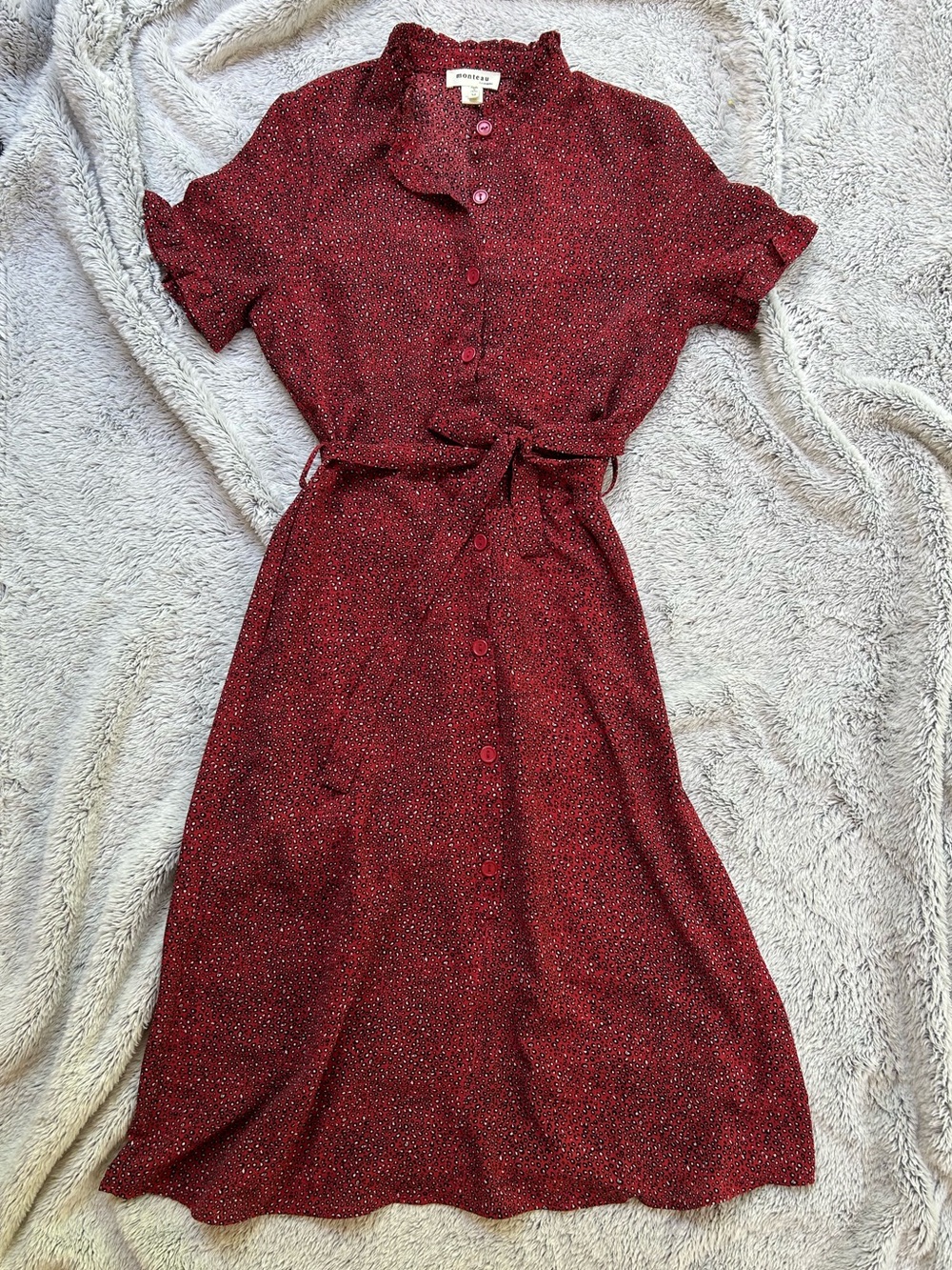 Monteau Red Printed Button-Front Midi Dress with Tie Waist